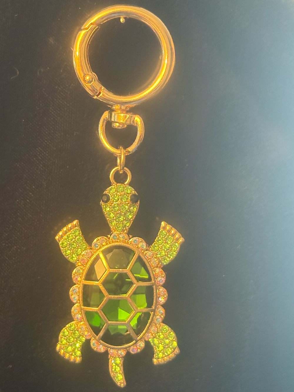 Gold-Tone Turtle Keychain/purse bling  with Green Crystal Accent